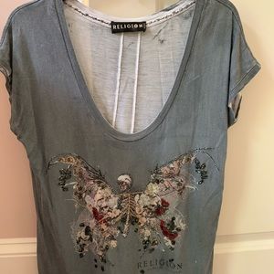 Religion Brand T shirt, gray distressed, size Medium